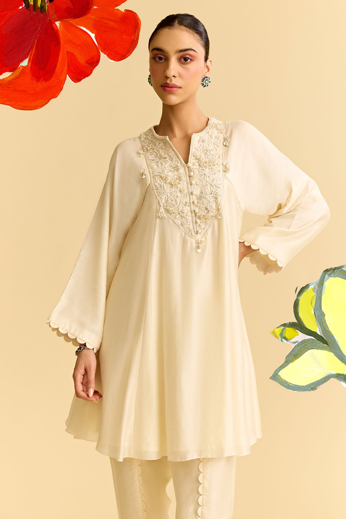 Ivory Silk Flared Short Kurta With Tulip Pants