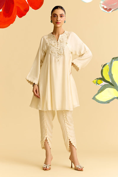 Ivory Silk Flared Short Kurta With Tulip Pants