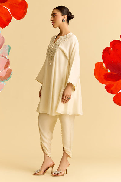 Ivory Silk Flared Short Kurta With Tulip Pants