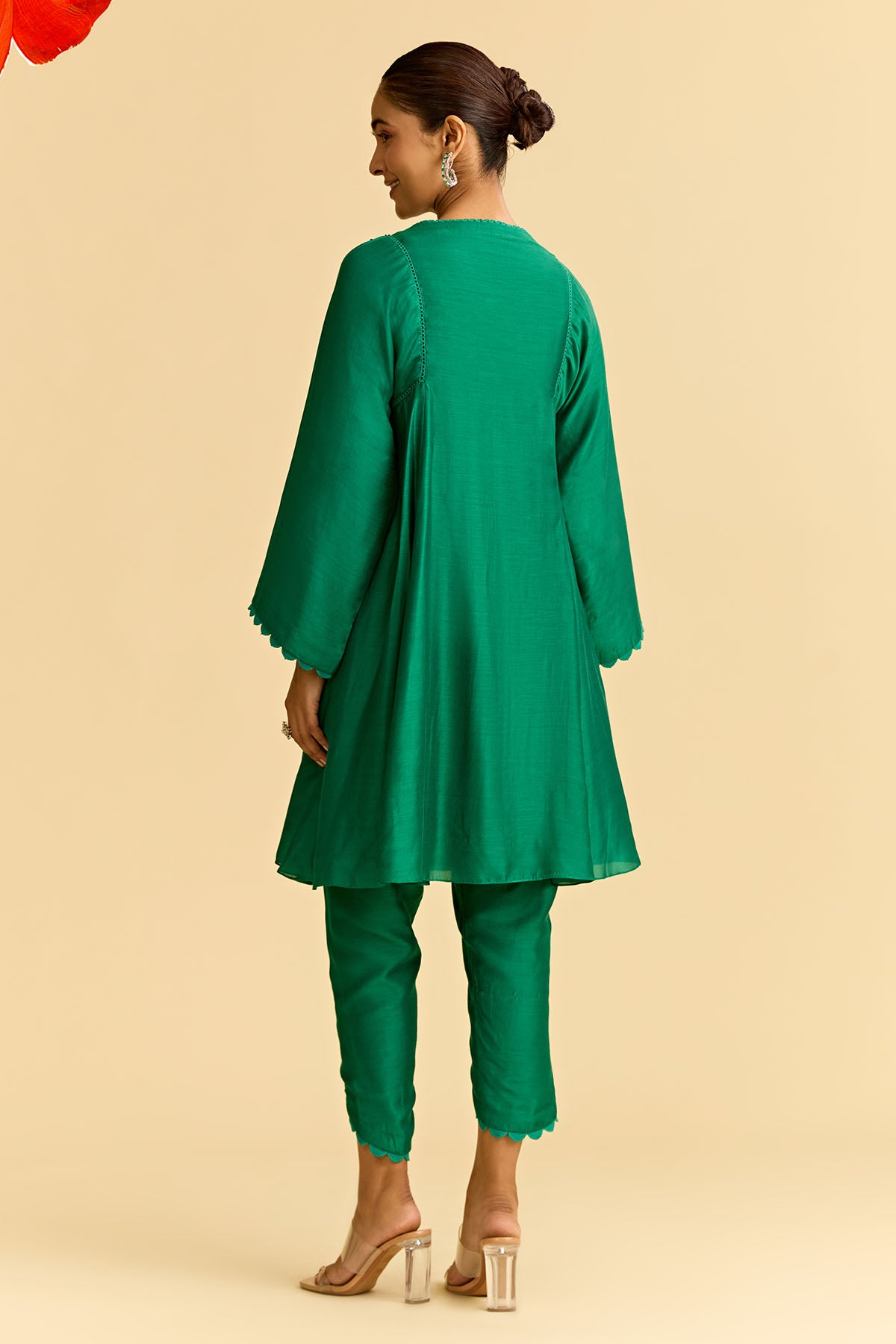 Green Silk Flared Short Kurta With Tulip Pants