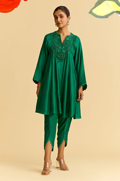 Green Silk Flared Short Kurta With Tulip Pants