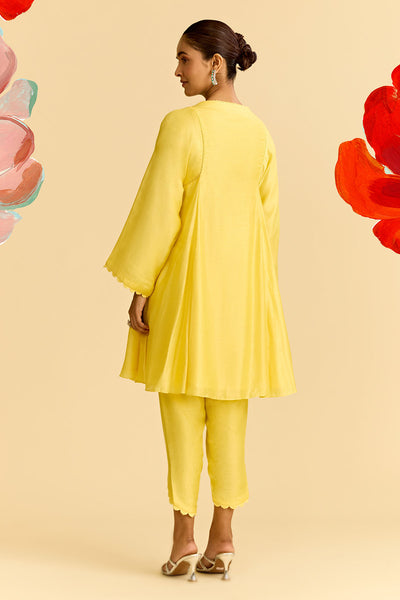 Yellow Silk Flared Short Kurta With Tulip Pants