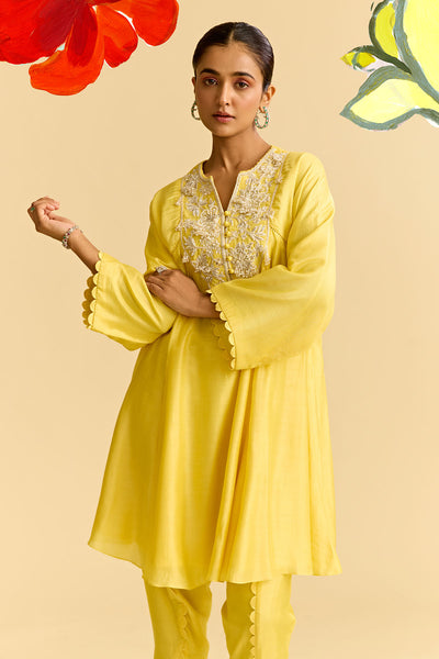 Yellow Silk Flared Short Kurta With Tulip Pants