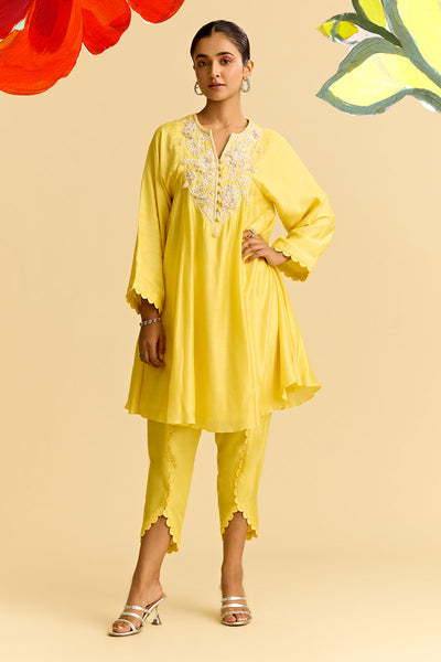 Yellow Silk Flared Short Kurta With Tulip Pants