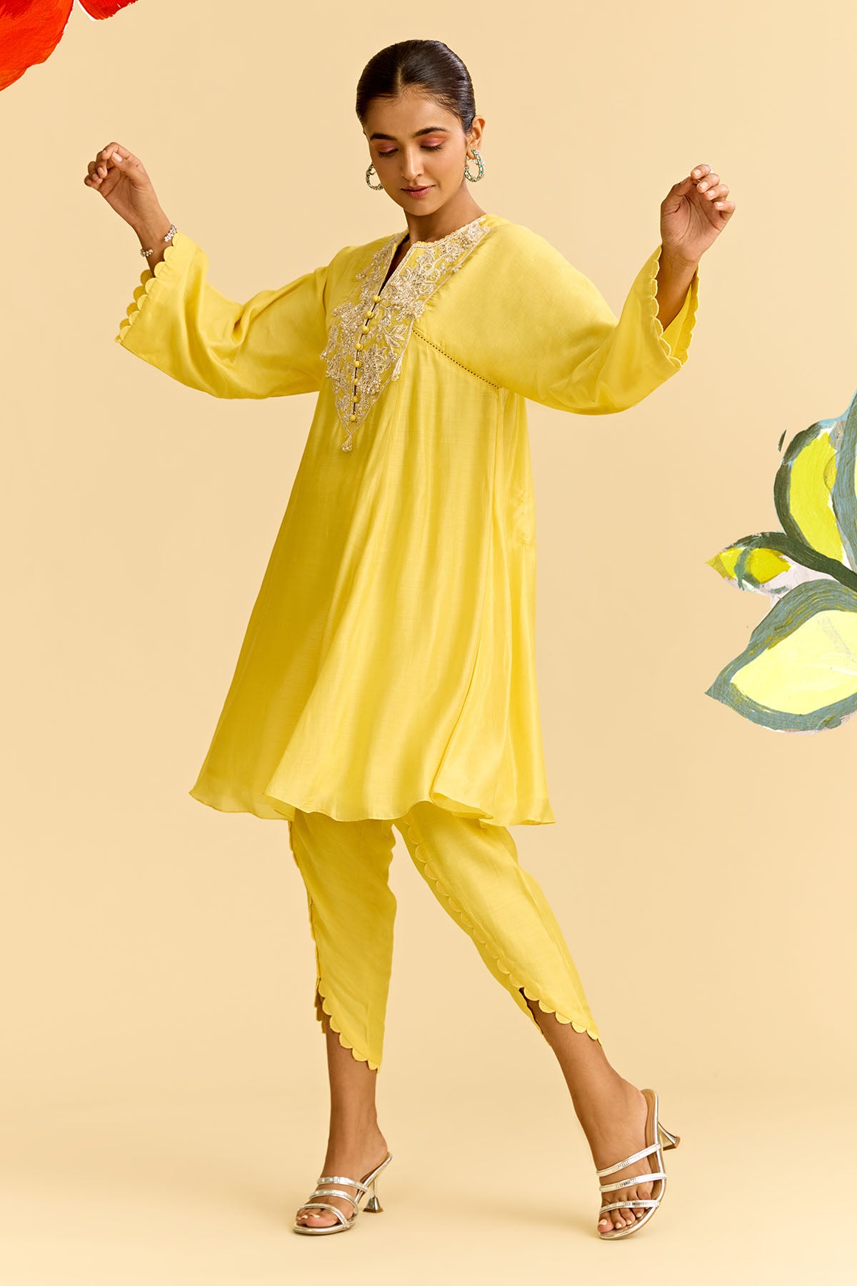 Yellow Silk Flared Short Kurta With Tulip Pants