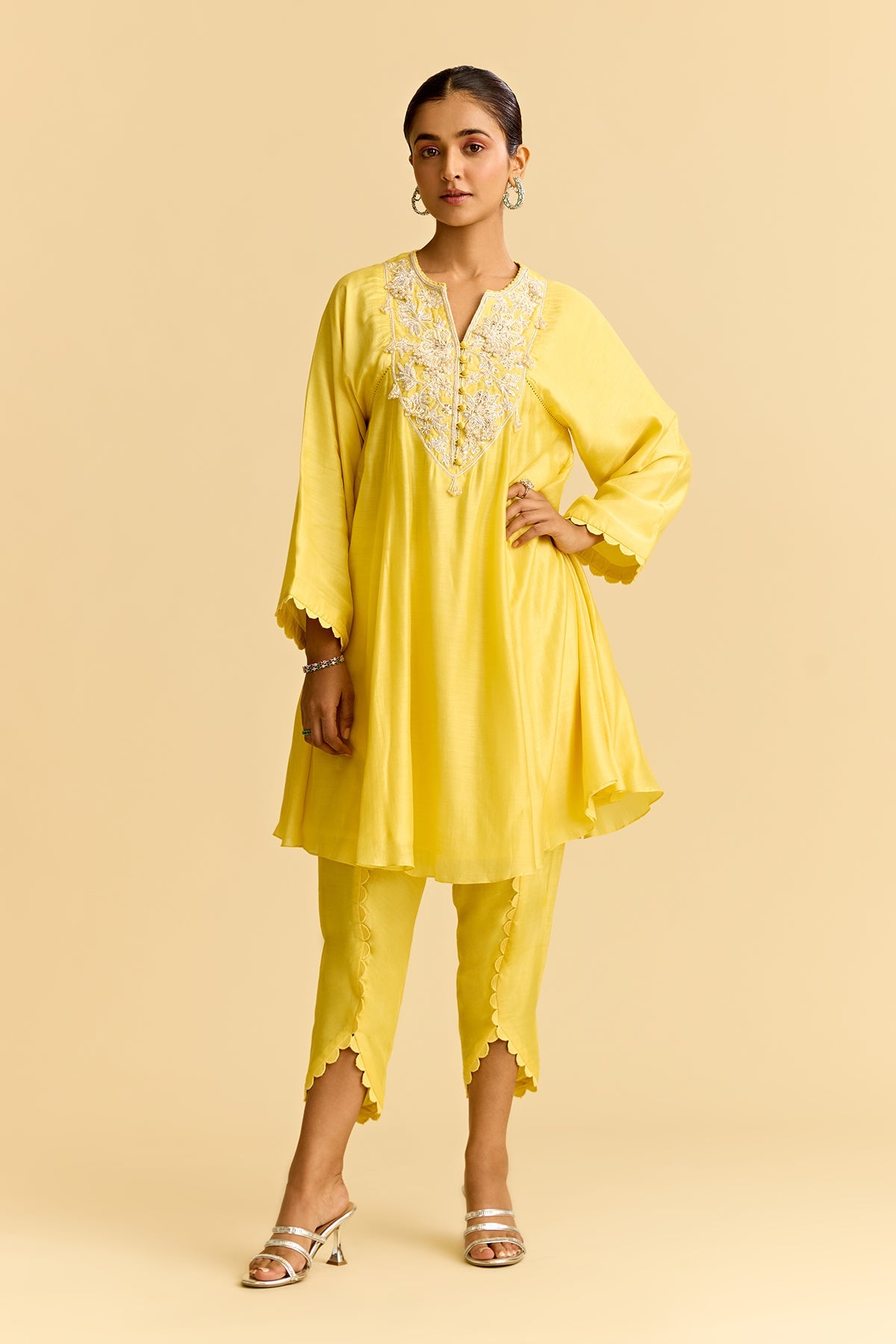 Yellow Silk Flared Short Kurta With Tulip Pants