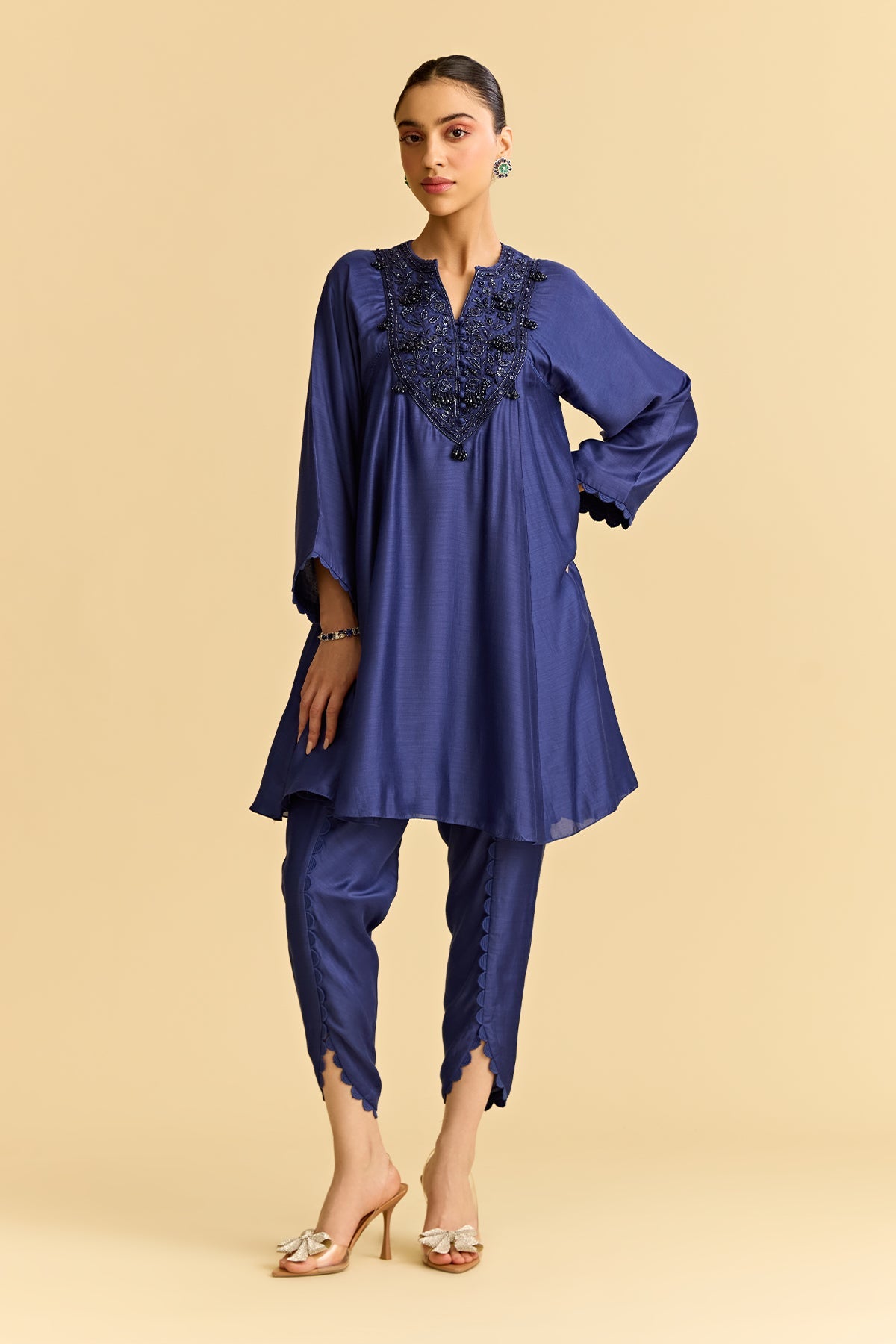 Blue Silk Flared Short Kurta With Tulip Pants