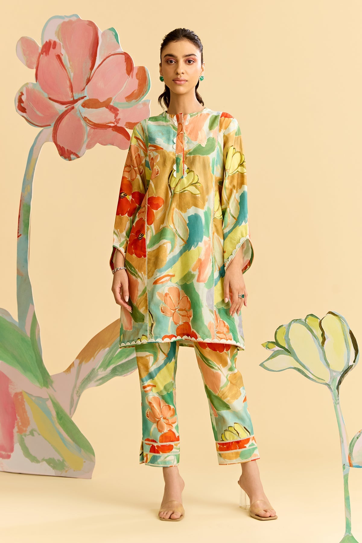 Mint Multicolor Printed Chanderi Kurta With Printed Chanderi Pants