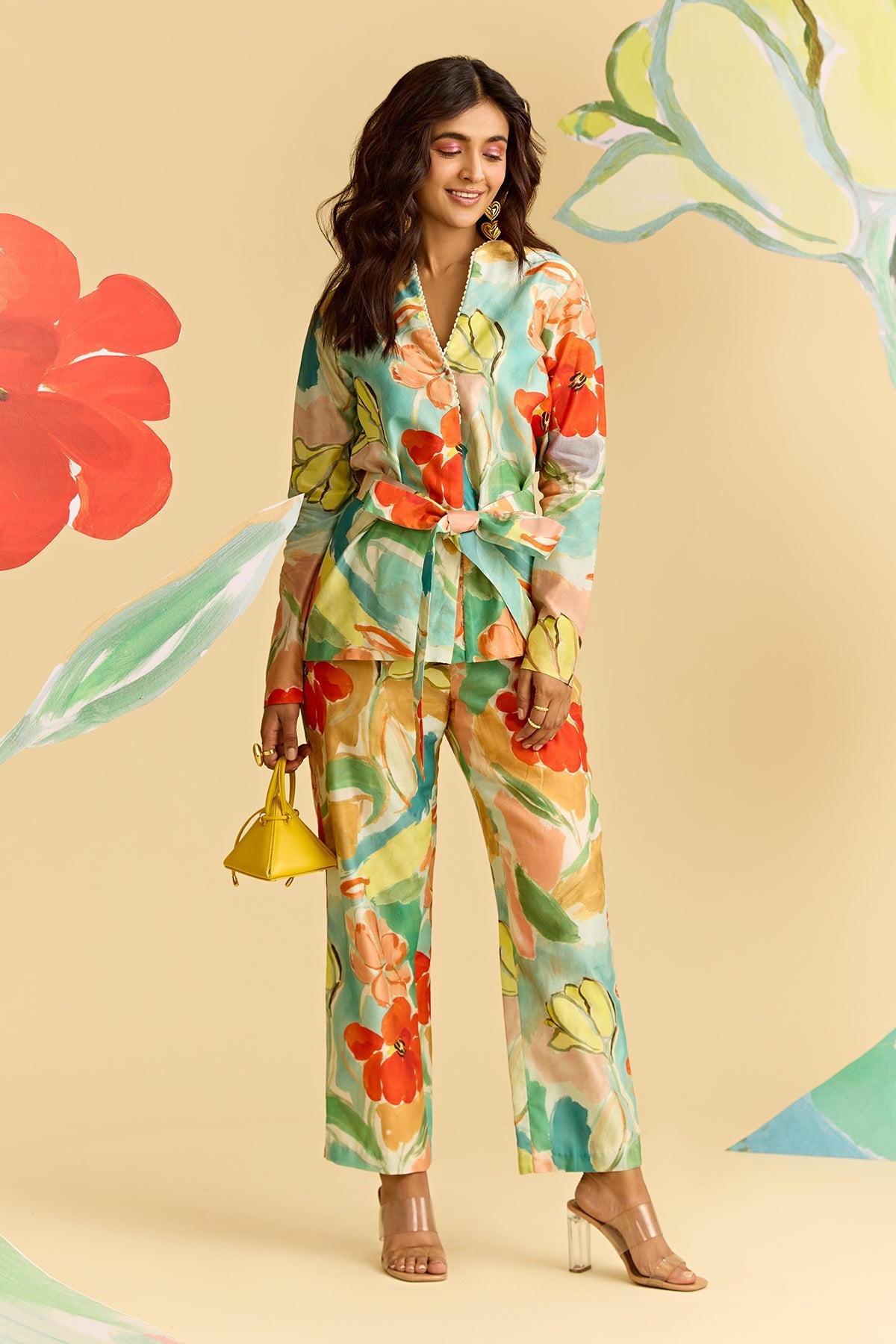 Mint Multicolor Printed Chanderi Jacket With Printed Chanderi Pants And Tie Up Belt