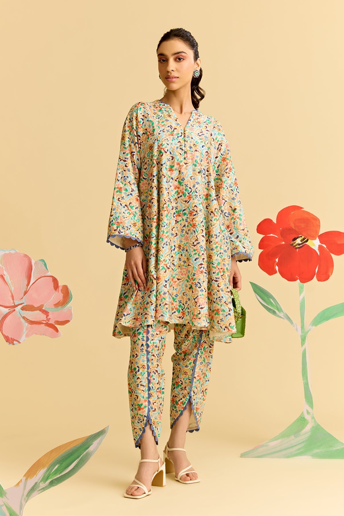 Ivory Multicolored Chanderi Flared Short Kurta With Tulip Pants