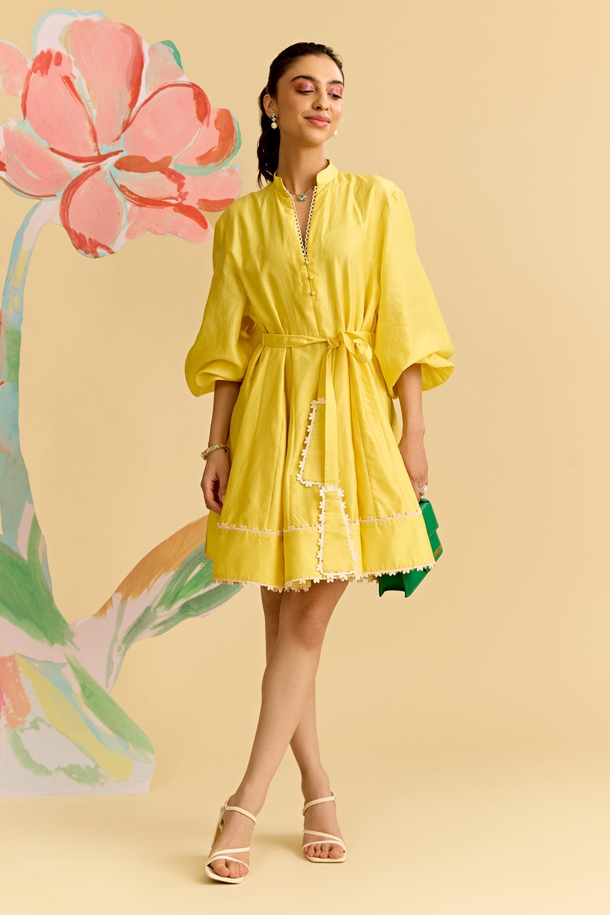 Yellow Chanderi Short Dress With Lace Detailing