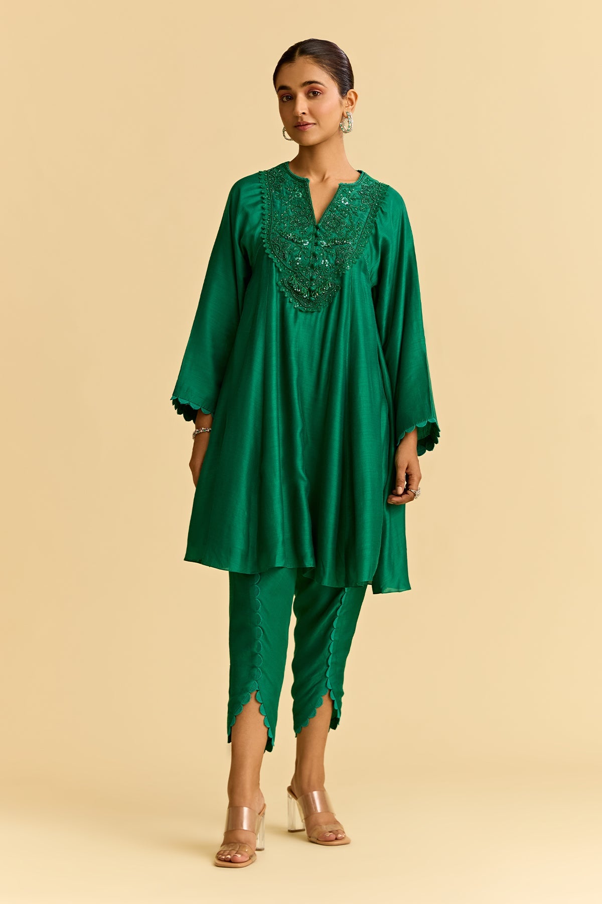 Green Silk Flared Short Kurta With Tulip Pants