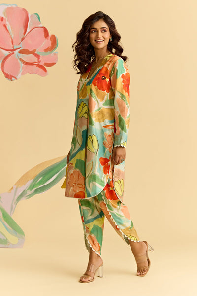 Mint Multicolored Chanderi Kurta With Tulip Pants