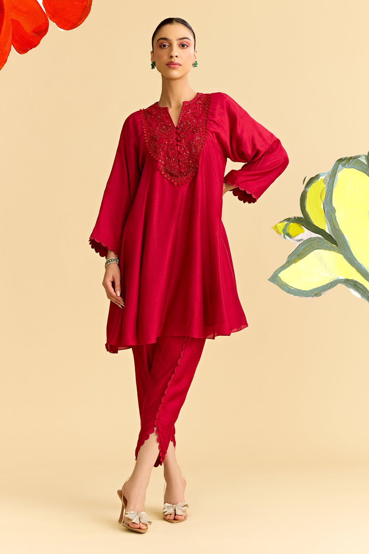 Red Silk Flared Short Kurta With Tulip Pants