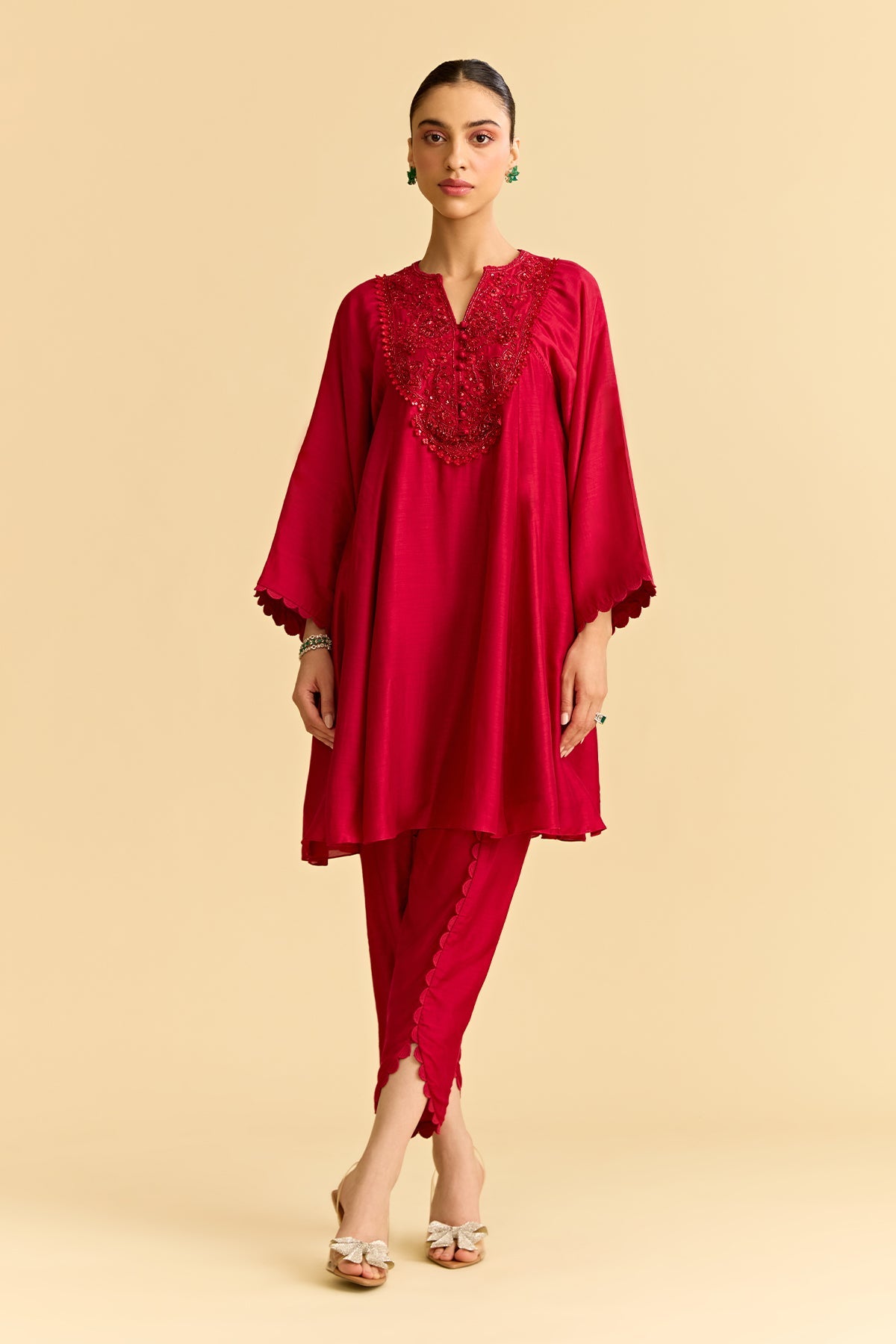 Red Silk Flared Short Kurta With Tulip Pants