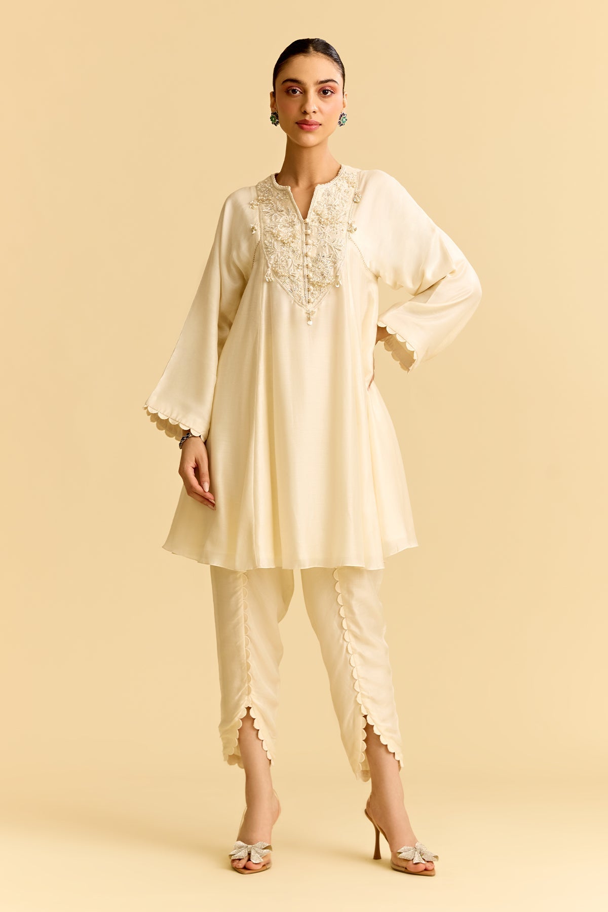 Ivory Silk Flared Short Kurta With Tulip Pants