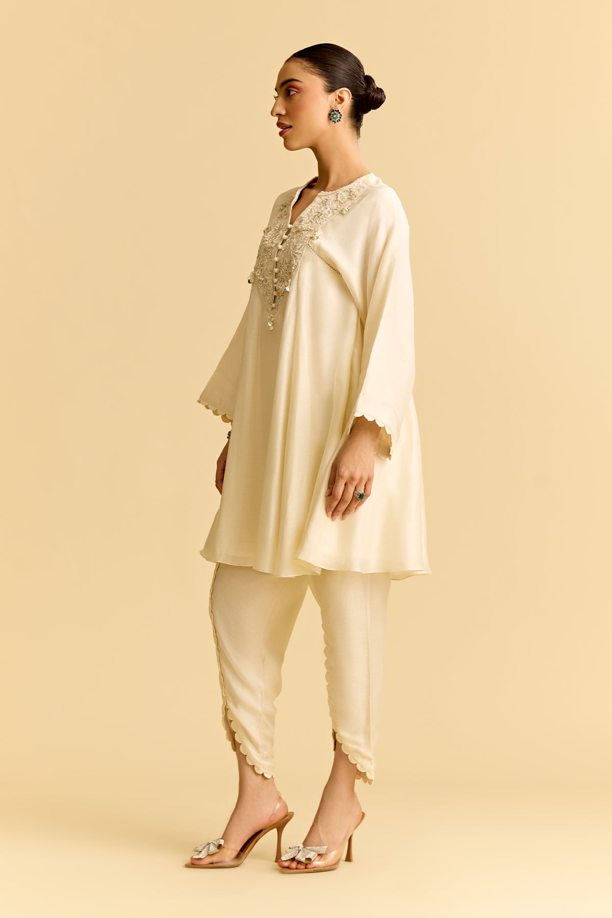 Ivory Silk Flared Short Kurta With Tulip Pants