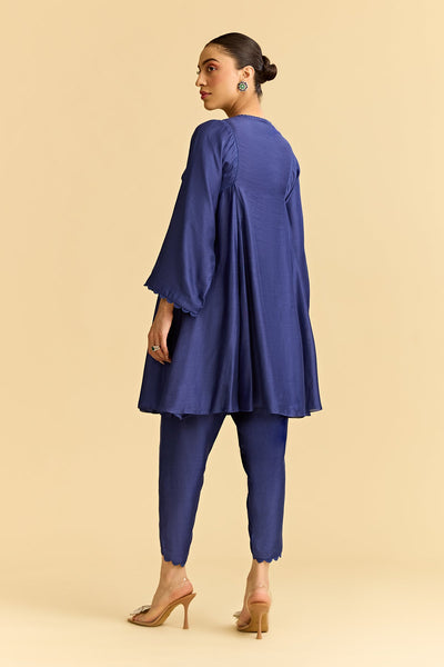 Blue Silk Flared Short Kurta With Tulip Pants