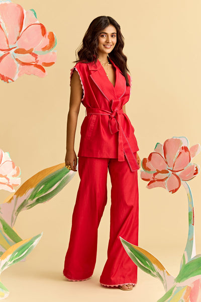 Red Chanderi Shirt With Tie Up Belt Paired With Flared Pants