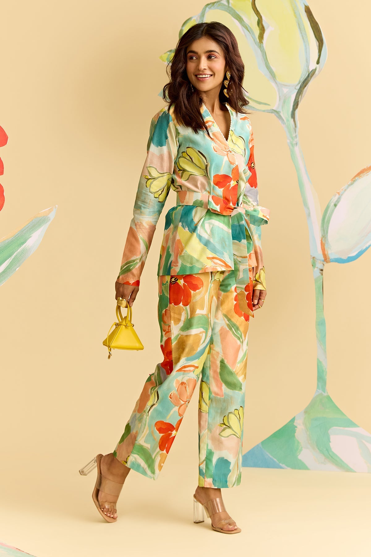 Mint Multicolor Printed Chanderi Jacket With Printed Chanderi Pants And Tie Up Belt