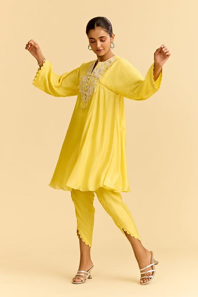 Yellow Silk Flared Short Kurta With Tulip Pants