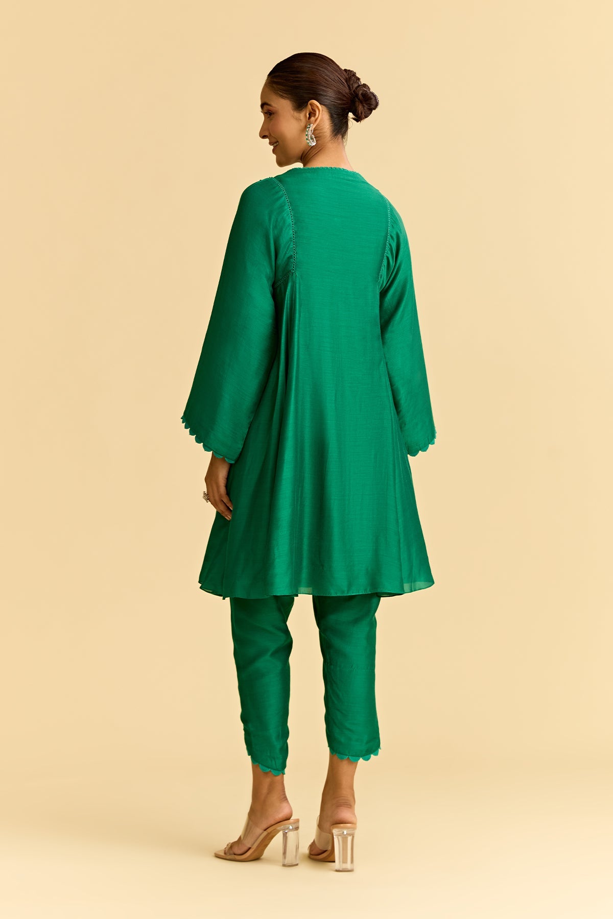 Green Silk Flared Short Kurta With Tulip Pants