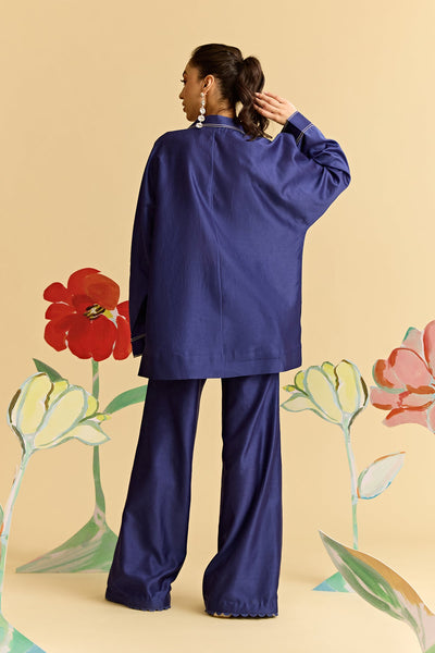 Blue Oversized Shirt Paired With Flared Pants