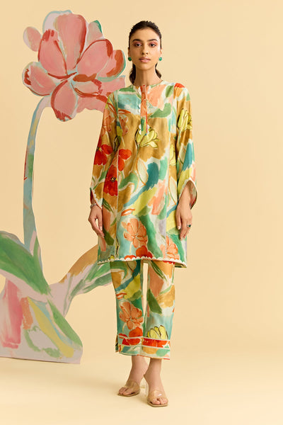 Mint Multicolor Printed Chanderi Kurta With Printed Chanderi Pants