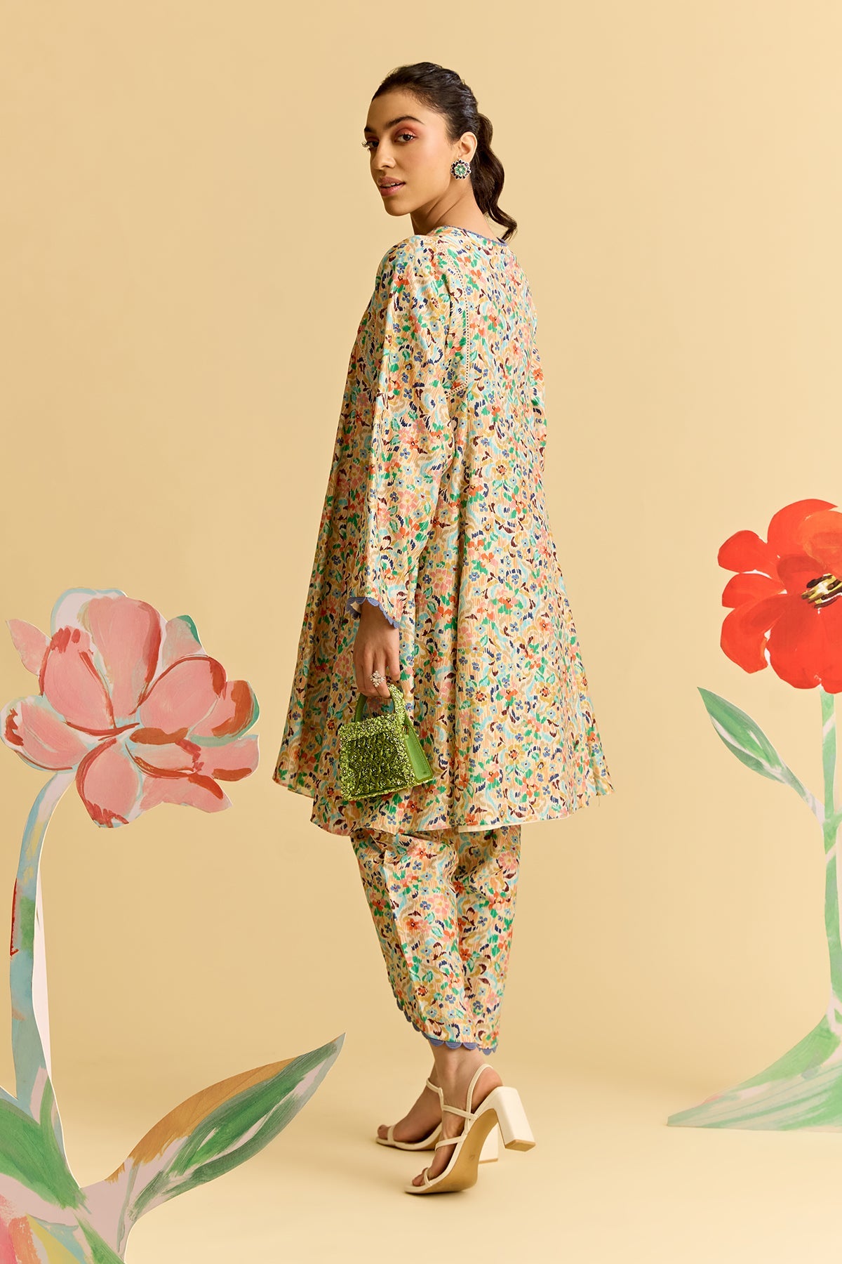 Ivory Multicolored Chanderi Flared Short Kurta With Tulip Pants