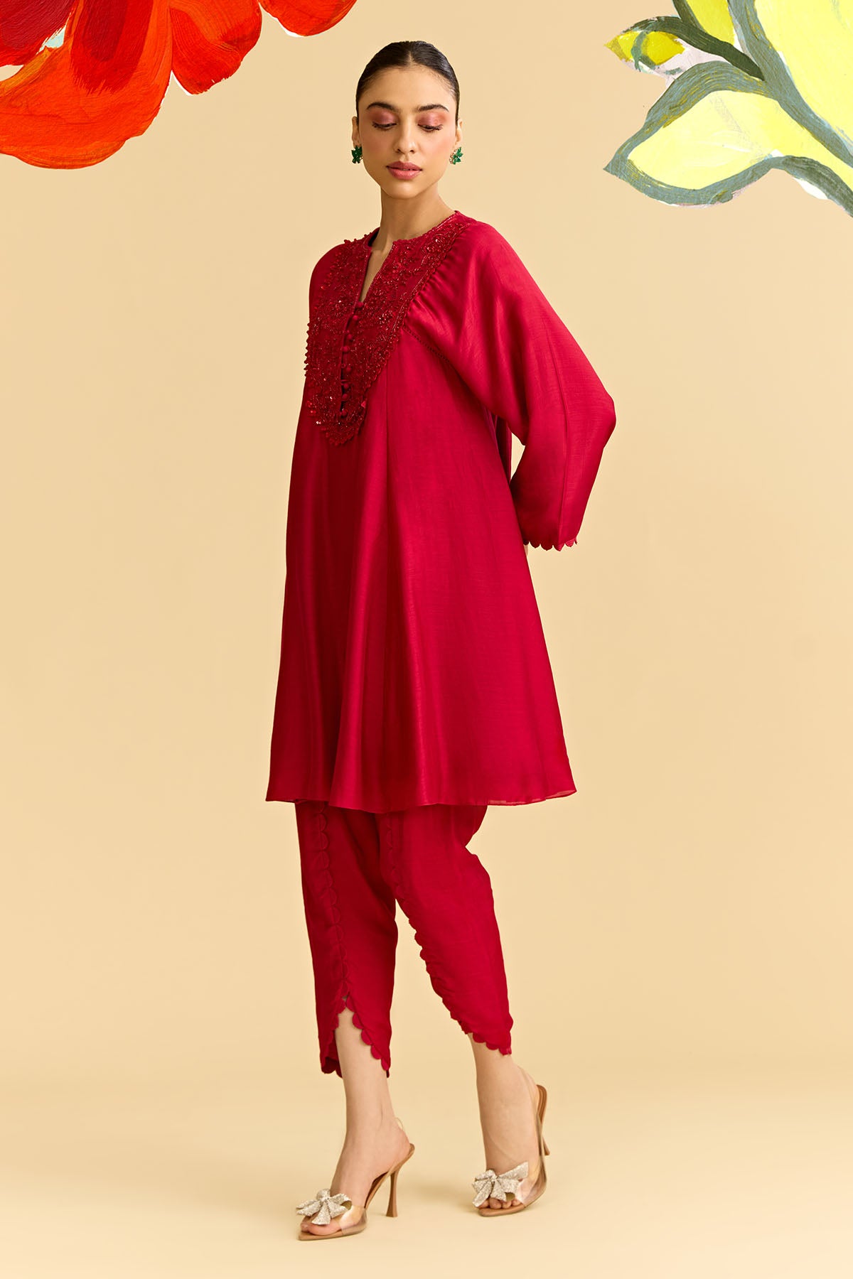 Red Silk Flared Short Kurta With Tulip Pants