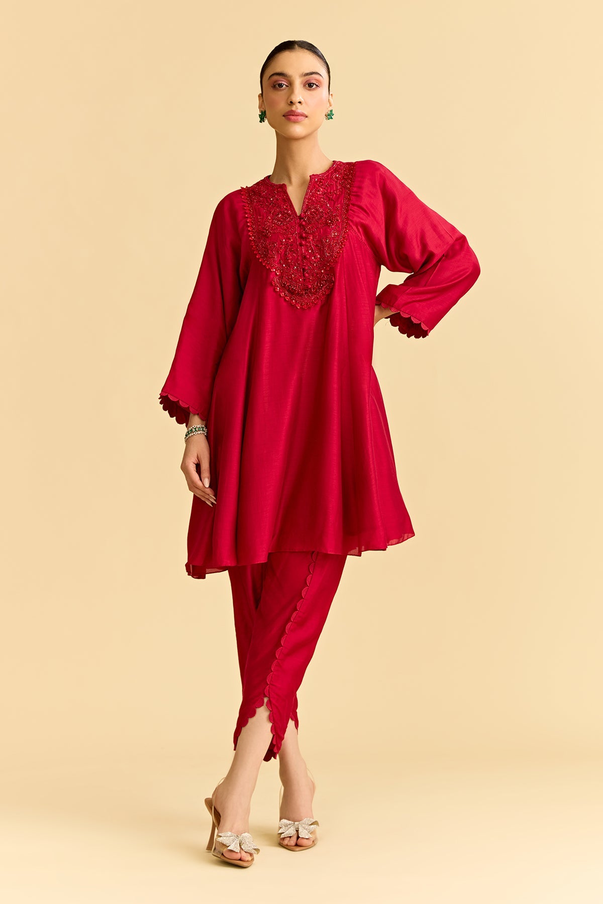 Red Silk Flared Short Kurta With Tulip Pants