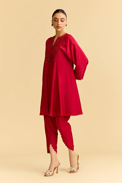 Red Silk Flared Short Kurta With Tulip Pants