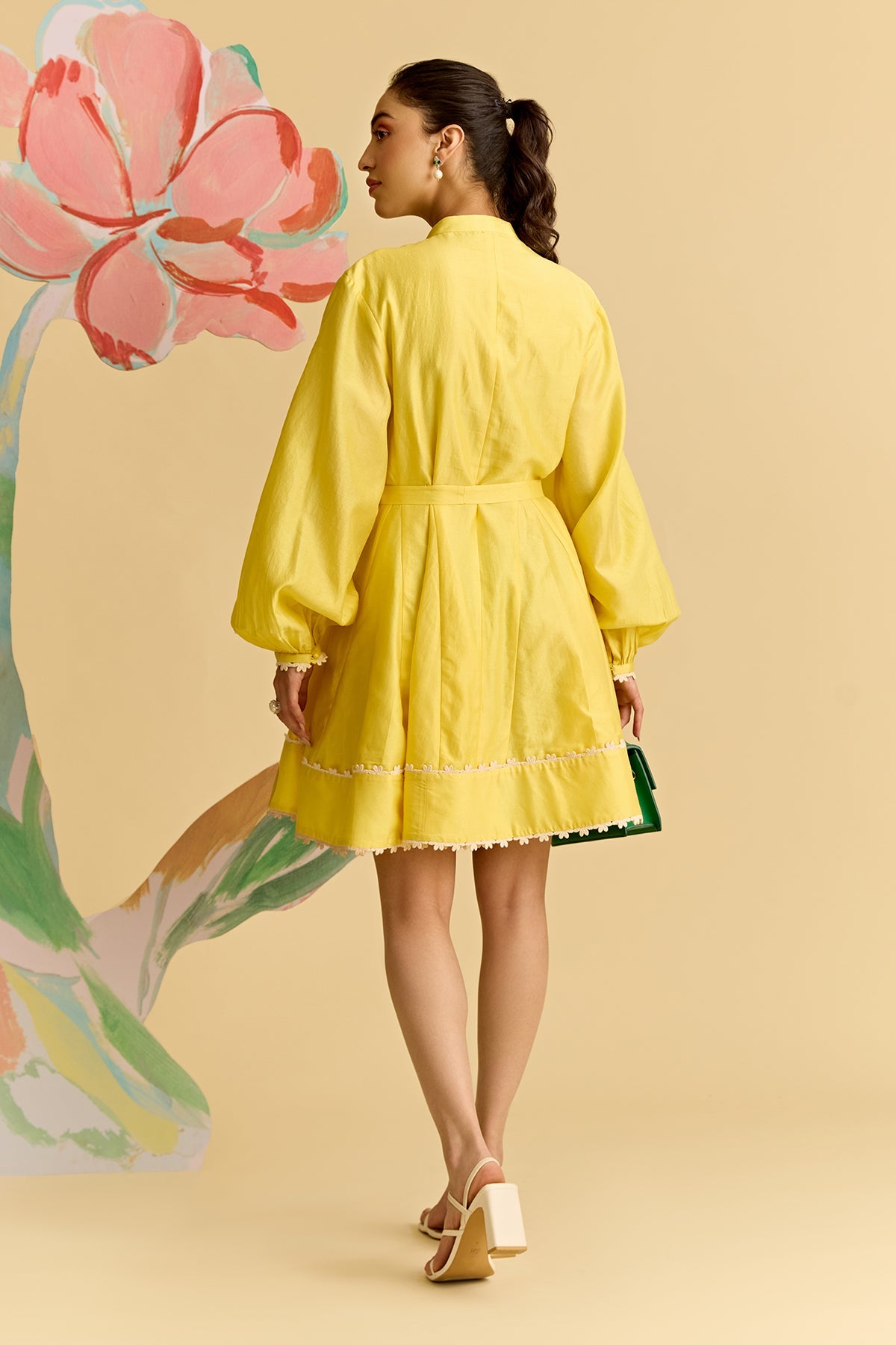 Yellow Chanderi Short Dress With Lace Detailing