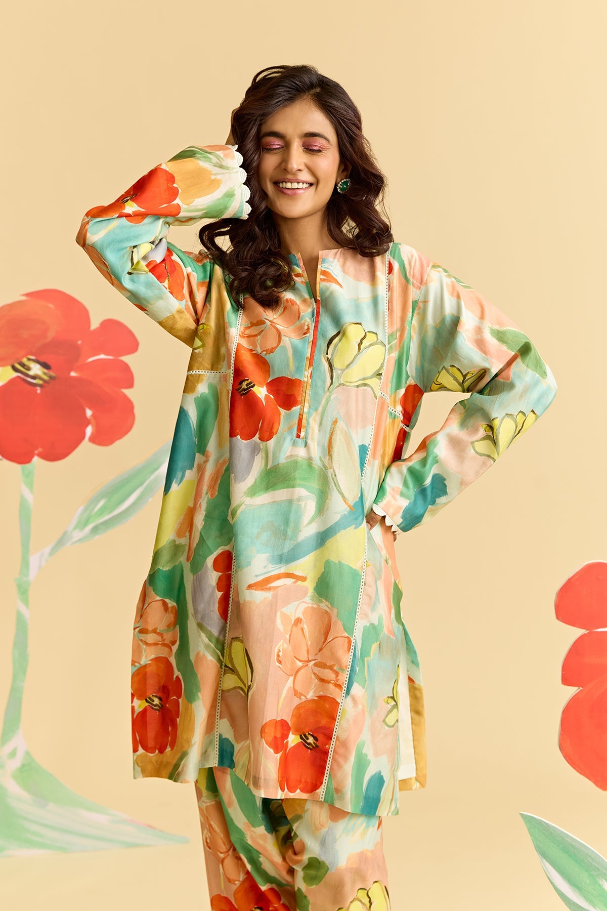 Floral Printed Chanderi Kurta Set