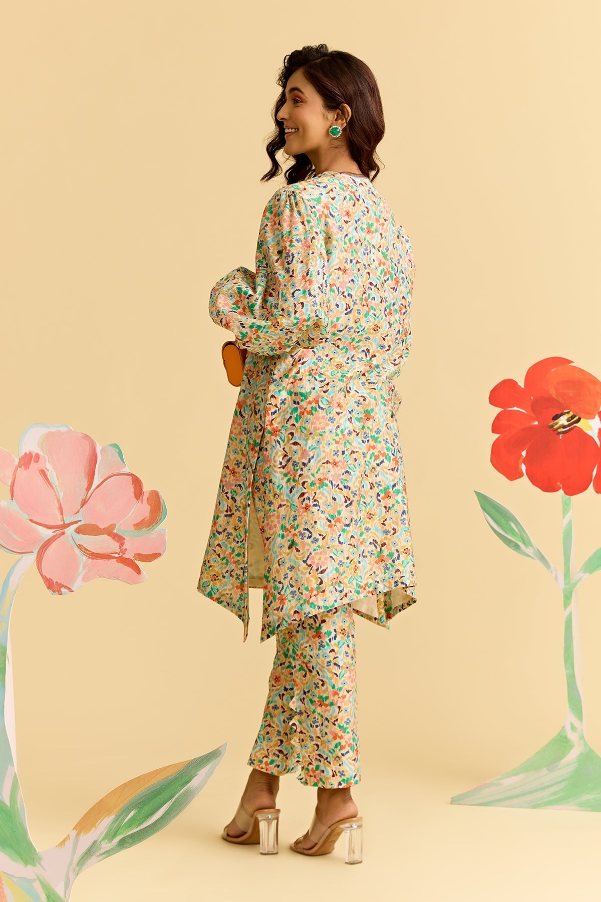 Ivory Multicoloured Printed Chanderi High Low Kurta Paired With Chanderi Salwar Pants