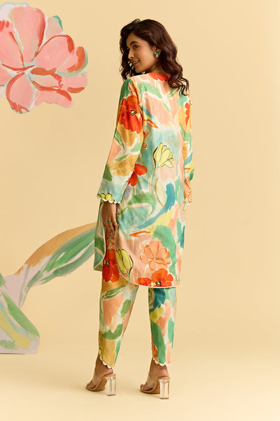 Mint Multicolored Chanderi Kurta With Tulip Pants