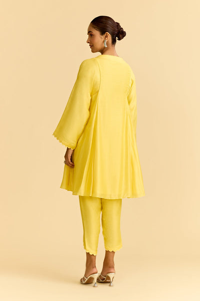 Yellow Silk Flared Short Kurta With Tulip Pants