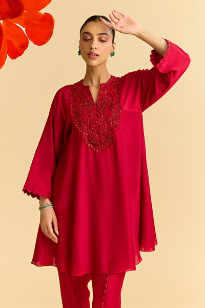 Red Silk Flared Short Kurta With Tulip Pants