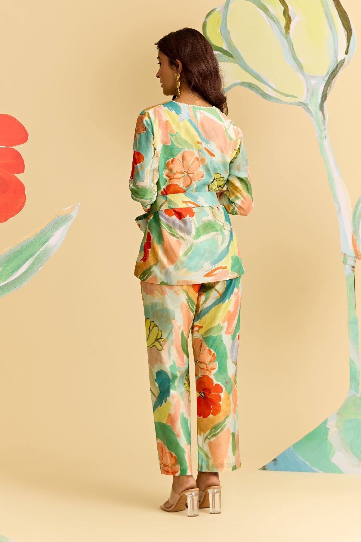 Mint Multicolor Printed Chanderi Jacket With Printed Chanderi Pants And Tie Up Belt