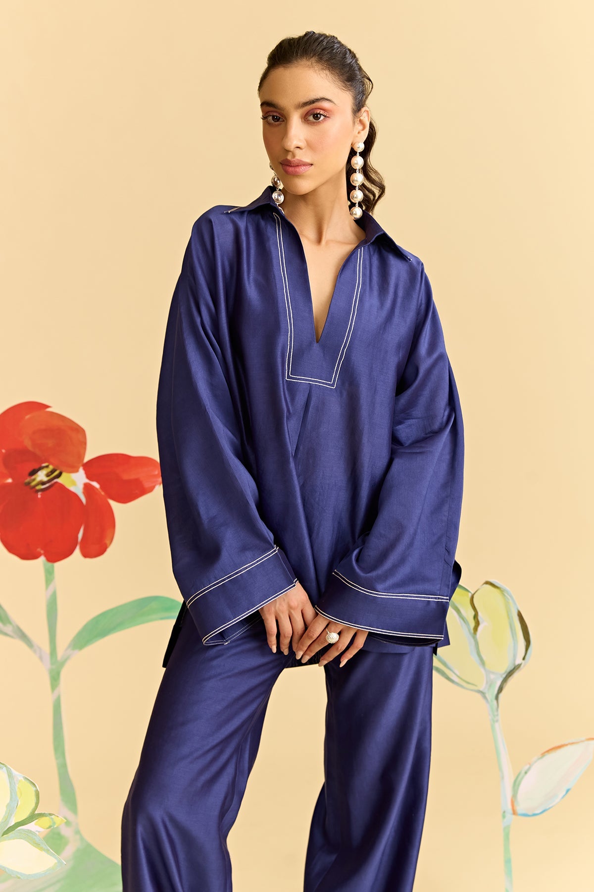 Blue Oversized Shirt With Flared Pants