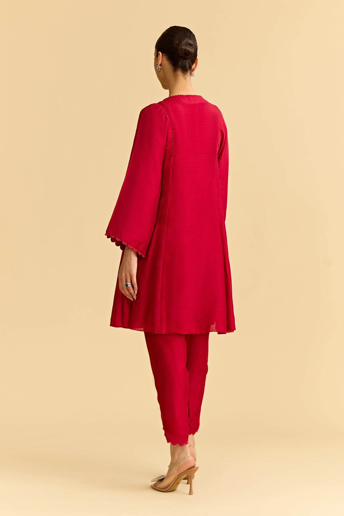 Red Silk Flared Short Kurta With Tulip Pants