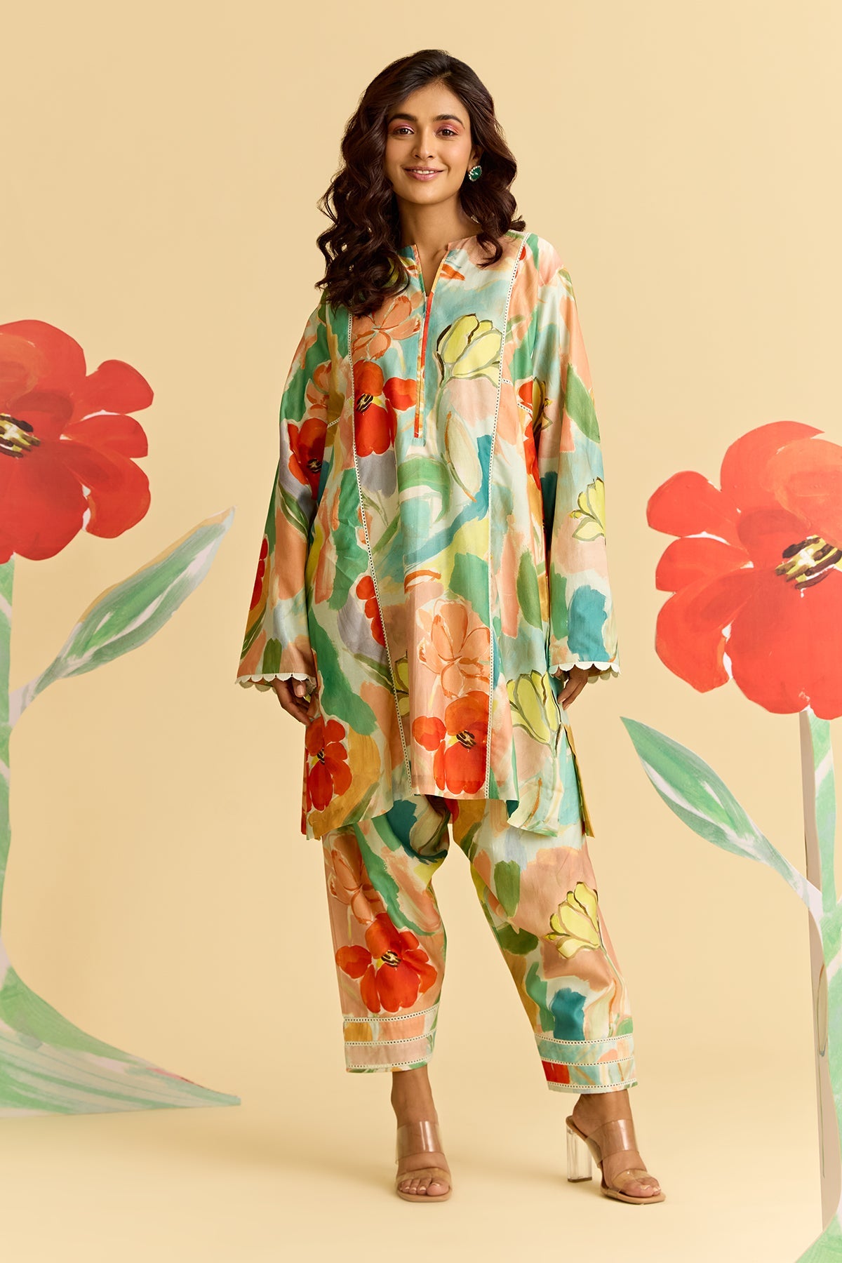 Mint Multicolor Printed Chanderi Kurta With Printed Chanderi Salwar Pants