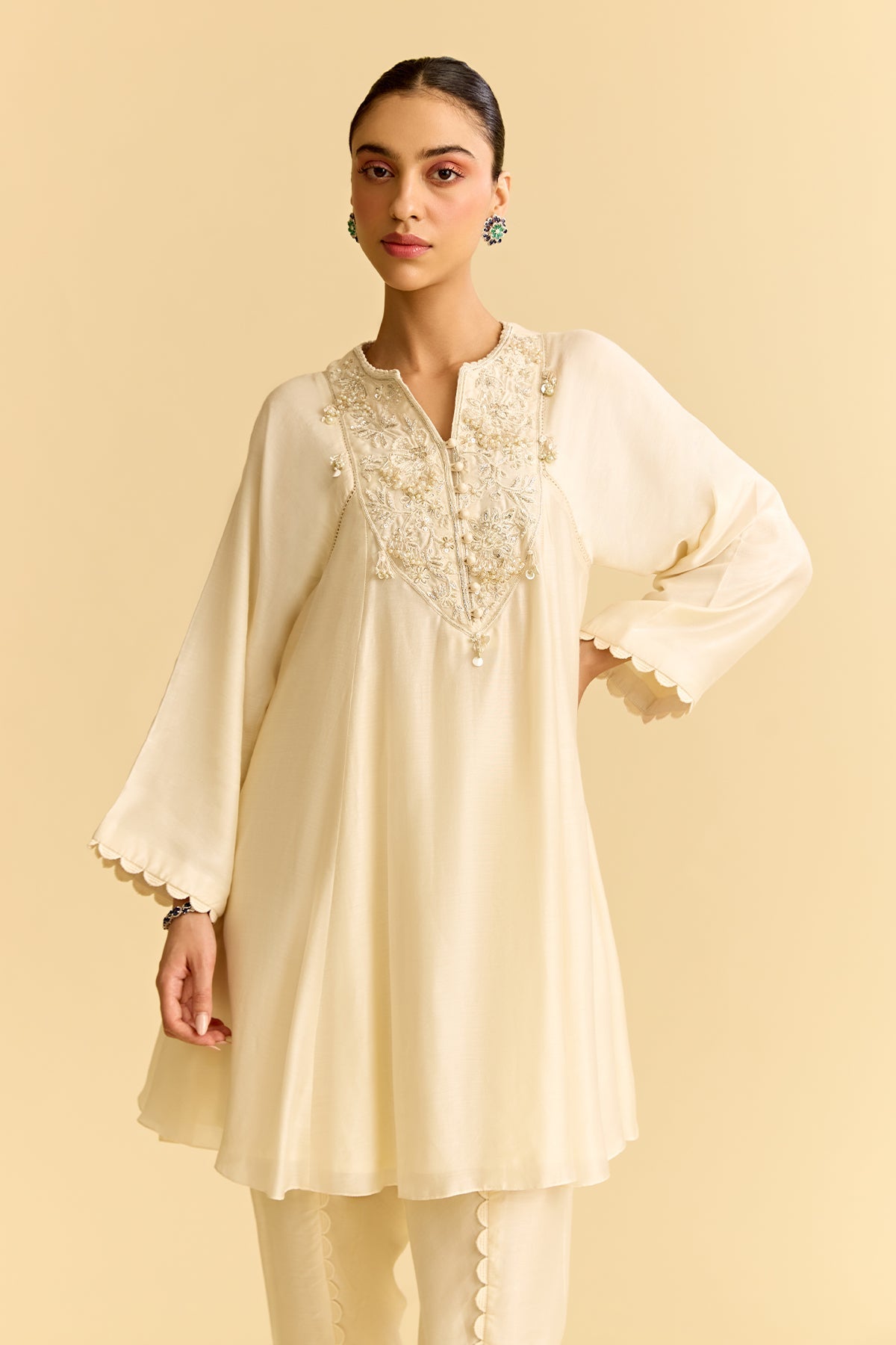 Ivory Silk Flared Short Kurta With Tulip Pants