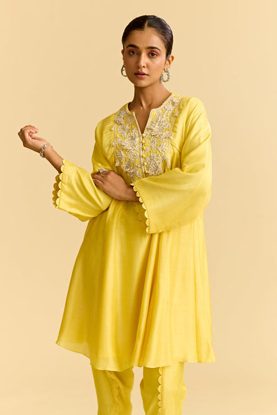 Yellow Silk Flared Short Kurta With Tulip Pants