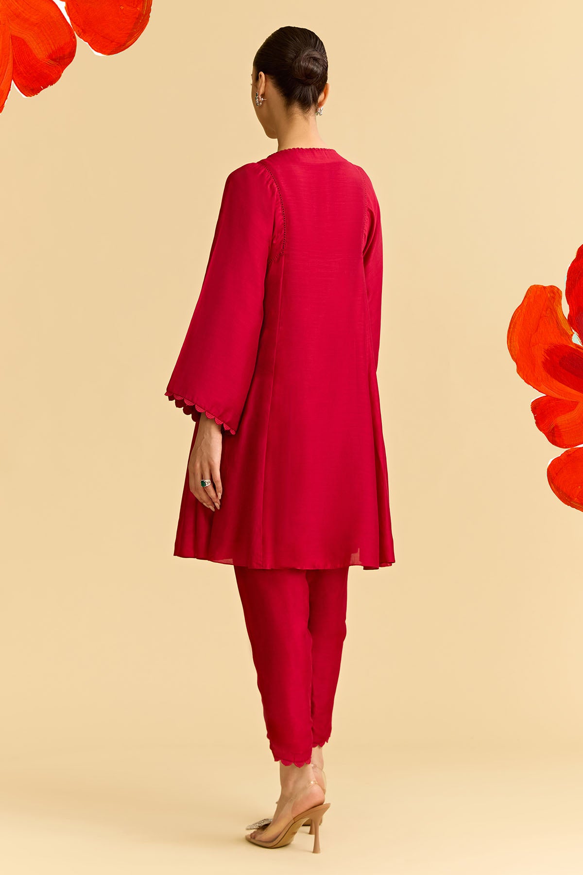 Red Silk Flared Short Kurta With Tulip Pants