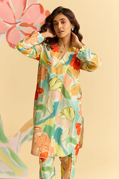 Floral Printed Chanderi Kurta With Tulip Pants