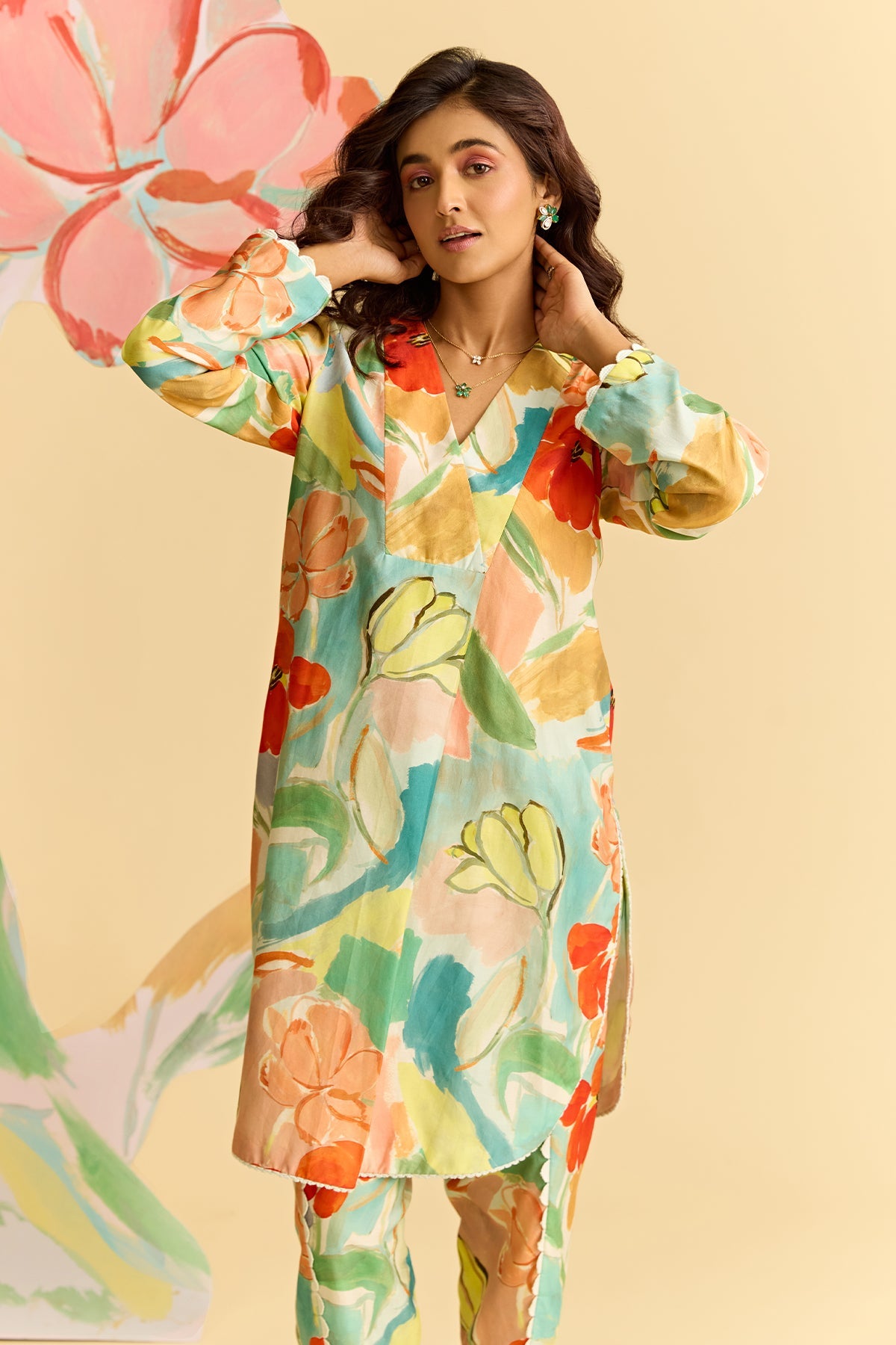 Mint Multicolored Chanderi Kurta With Tulip Pants