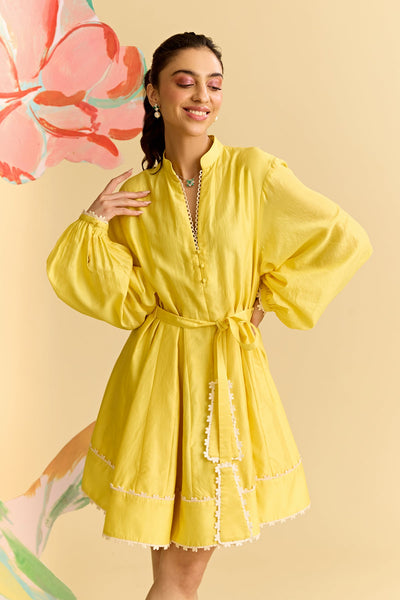 Yellow Chanderi Short Dress With Lace Detailing