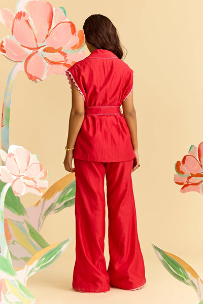 Red Chanderi Shirt With Flared Pants