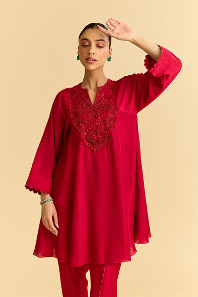 Red Silk Flared Short Kurta With Tulip Pants